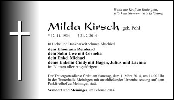 Traueranzeige von Milda Kirsch von Südthüringer Presse