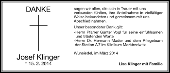 Traueranzeige von Josef Klinger von Frankenpost