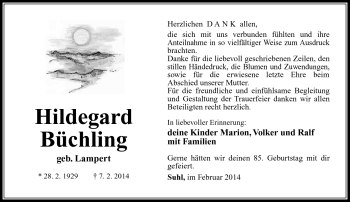 Traueranzeige von Hildegard Büchling von Südthüringer Presse