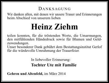 Traueranzeige von Heinz Ziehm von Südthüringer Presse