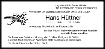 Traueranzeige von Hans Hüttner von Frankenpost