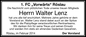 Traueranzeige von Walter Lenz von Frankenpost