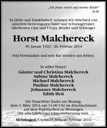Traueranzeige von Horst Malchereck von Südthüringer Presse