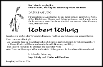 Traueranzeige von Robert Röhrig von Südthüringer Presse