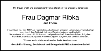 Traueranzeige von Dagmar Ribka von Neue Presse Coburg