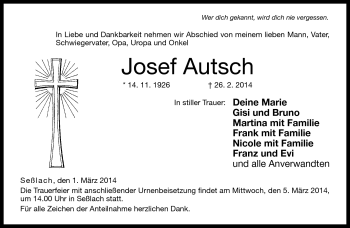 Traueranzeige von Josef Autsch von Neue Presse Coburg