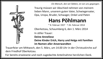 Traueranzeige von Hans Pöhlmann von Frankenpost
