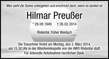 Traueranzeige von Hilmar Preußer von Neue Presse Coburg