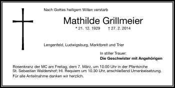 Traueranzeige von Mathilde Grillmeier von Frankenpost