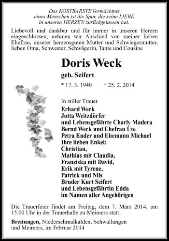 Traueranzeige von Doris Weck von Südthüringer Presse