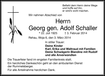 Traueranzeige von Georg genannt Adolf Schaller von Frankenpost