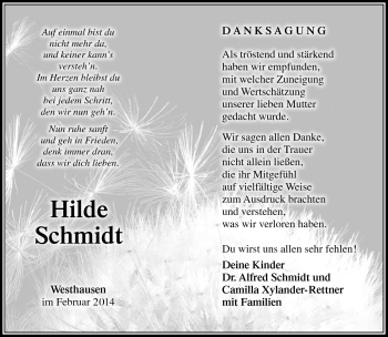 Traueranzeige von Hilde Schmidt von Südthüringer Presse