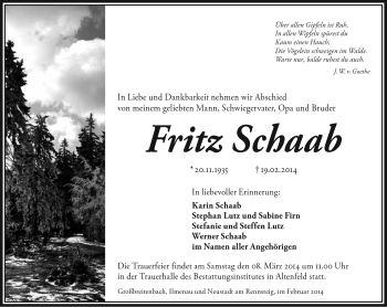 Traueranzeige von Fritz Schaab von Südthüringer Presse
