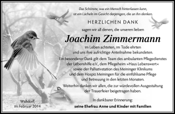 Traueranzeige von Joachim Zimmermann von Südthüringer Presse