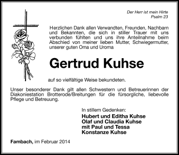 Traueranzeige von Gertrud Kuhse von Südthüringer Presse
