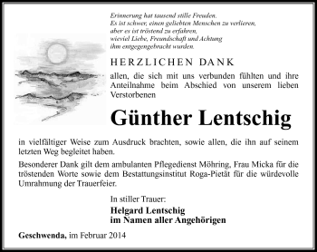 Traueranzeige von Günther Lentschig von Südthüringer Presse