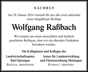 Traueranzeige von Wolfgang Raßbach von Südthüringer Presse