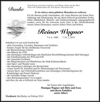 Traueranzeige von Reiner Wagner von Südthüringer Presse