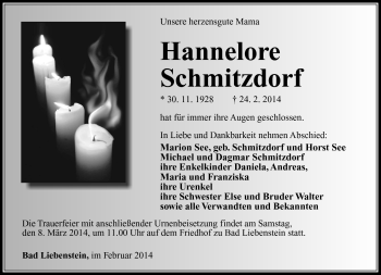 Traueranzeige von Hannelore Schmidtdorf von Südthüringer Presse
