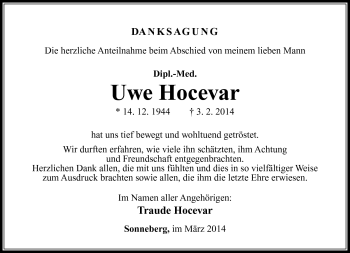 Traueranzeige von Uwe Hocevar von Südthüringer Presse