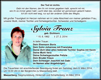 Traueranzeige von Sylvia Franz von Südthüringer Presse