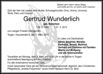Traueranzeige von Gertrud Wunderlich von Frankenpost