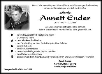 Traueranzeige von Annett Ender von Südthüringer Presse