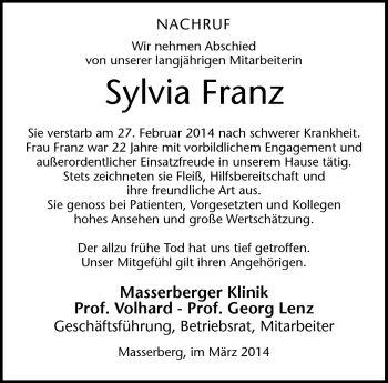Traueranzeige von Sylvia Franz von Südthüringer Presse