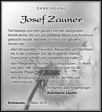 Traueranzeige von Josef Zauner von Südthüringer Presse