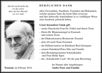 Traueranzeige von Willi Peter von Südthüringer Presse