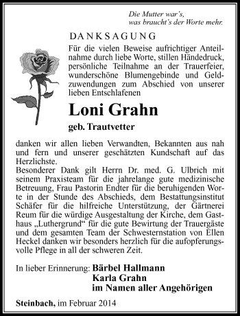 Traueranzeige von Loni Grahn von Südthüringer Presse