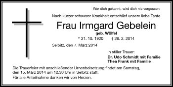 Traueranzeige von Irmgard Gebelein von Frankenpost