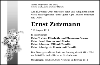 Traueranzeige von Ernst Zetzmann von Südthüringer Presse
