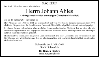 Traueranzeige von Johann Ahles von Neue Presse Coburg
