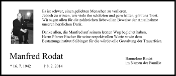Traueranzeige von Manfred Rodat von Neue Presse Coburg