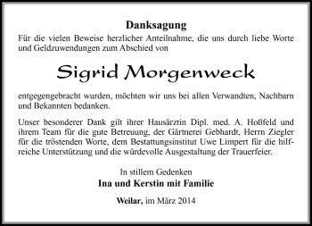 Traueranzeige von Sigrid Morgenweck von Südthüringer Presse