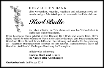 Traueranzeige von Karl Bulle von Südthüringer Presse