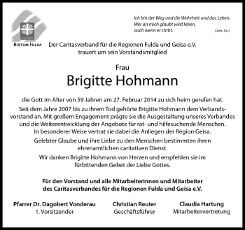 Traueranzeige von Brigitte Hohmann von Südthüringer Presse