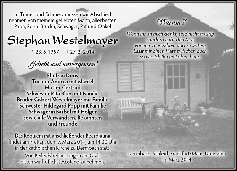 Traueranzeige für Stephan Westelmayer vom 04.03.2014 aus Südthüringer Presse