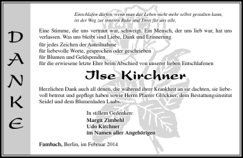 Traueranzeige von Ilse Kirchner von Südthüringer Presse