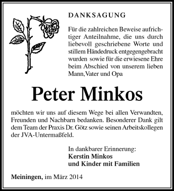 Traueranzeige von Peter Minkos von Südthüringer Presse