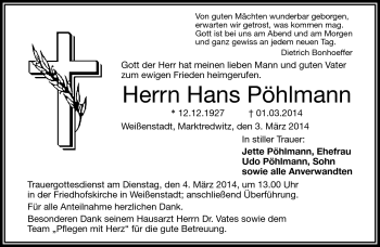 Traueranzeige von ^Hans Pöhlmann von Frankenpost