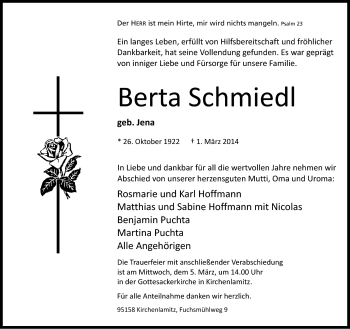 Traueranzeige von Berta Schmiedl von Frankenpost