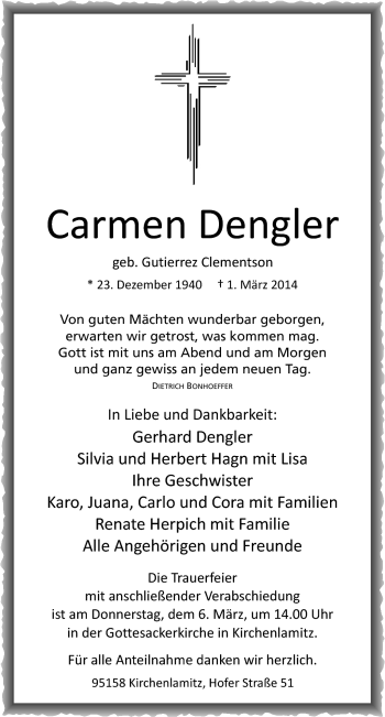 Traueranzeige von Carmen Dengler von Frankenpost