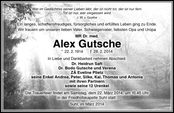 Traueranzeige von Alex Gutsche von Südthüringer Presse