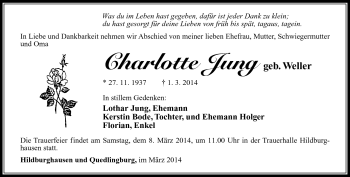 Traueranzeige von Charlotte Jung von Südthüringer Presse