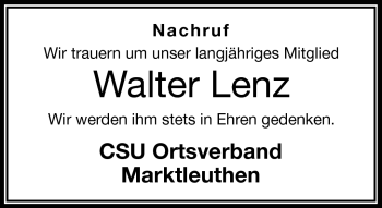 Traueranzeige von Walter Lenz von Frankenpost