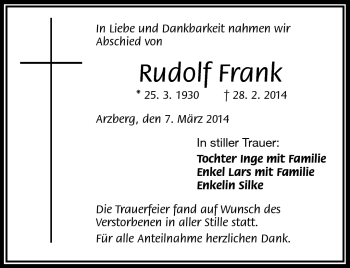 Traueranzeige von Rudolf Frank von Frankenpost