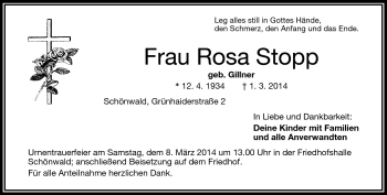 Traueranzeige von Rosa Stopp von Frankenpost