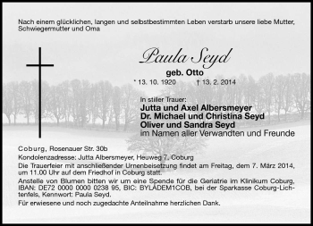 Traueranzeige von Paula Seyd von Neue Presse Coburg